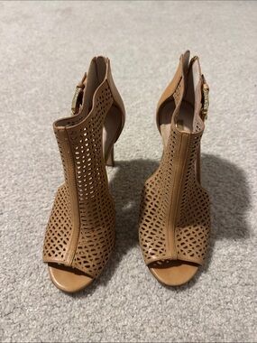 Louise et Cie Tan Laser-Cut Peep-Toe Block Heels